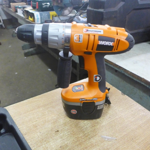 2042 - A Worx WX24HD 24v cordless hammer drill with two 24v batteries, battery charger and case