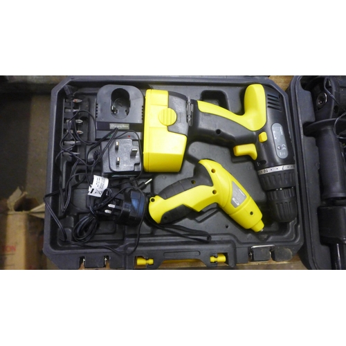 2046 - A Direct Power DPF210BAT 24v cordless power drill with battery, charger and case and a Maplin tool k... 