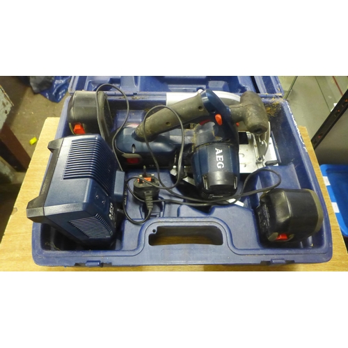 2053 - An AEG (BK518) 18v cordless circular saw, with 3 batteries and charger in case