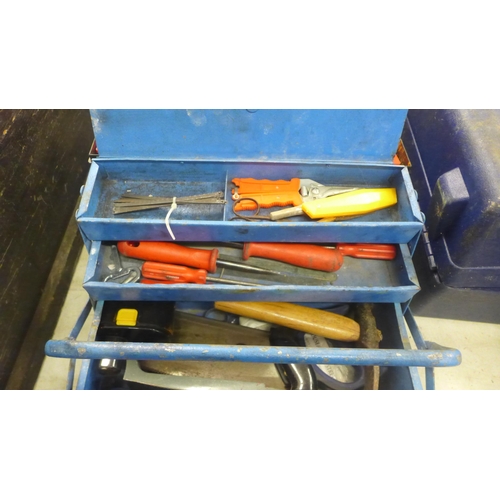 2056 - A metal cantilever tool box and a plastic Keter tool box containing spanners, slating hammer, rasp, ... 