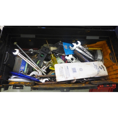 2056 - A metal cantilever tool box and a plastic Keter tool box containing spanners, slating hammer, rasp, ... 