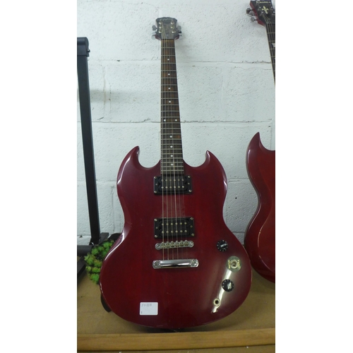 2076 - A cherry red Epiphone special SG model electric guitar with a TGI guitar strap