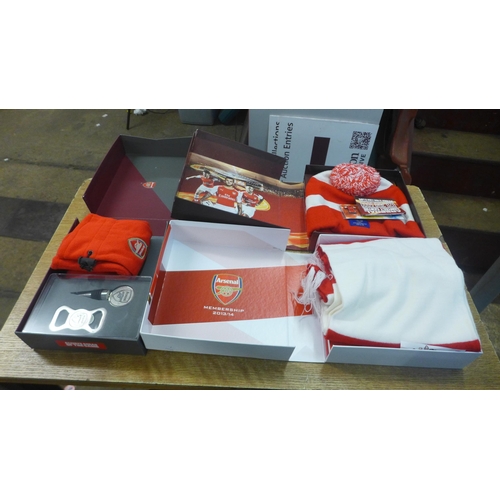 2112 - Three Arsenal football club membership gift packages including an Arsenal beanie hat, Arsenal gloves... 