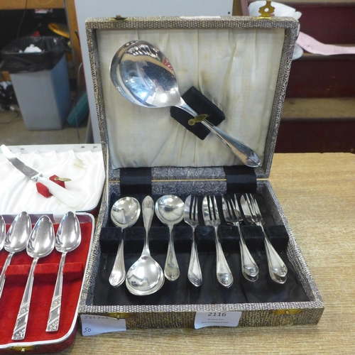 2116 - A collection of stainless steel and electroplated nickel silver dessert cutlery including dessert fo... 