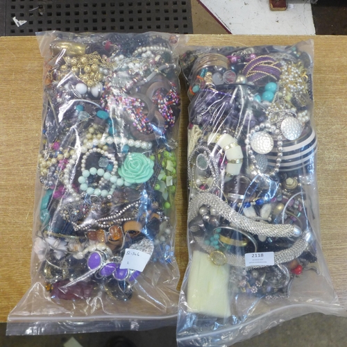 2118 - Two bags of assorted costume jewellery Approx. 5kg in total