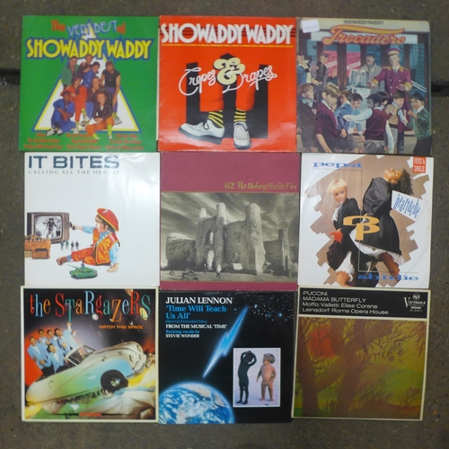 2126 - A box of 50 LPs including Bill Hailey, Tiffany, Stray Cats, etc.