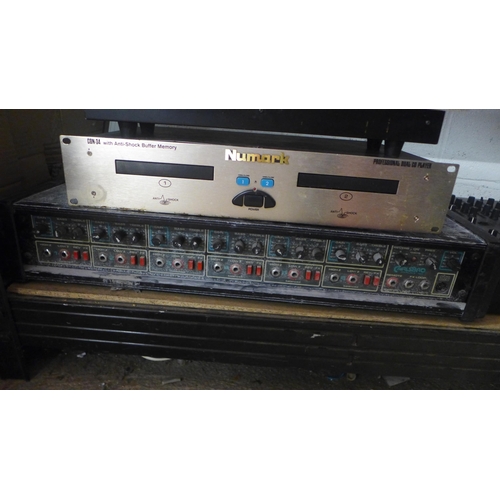 2168 - A quantity of stereo equipment including a Behinger DJX700 professional DJ mixer, a Numark CDN-34 pr... 