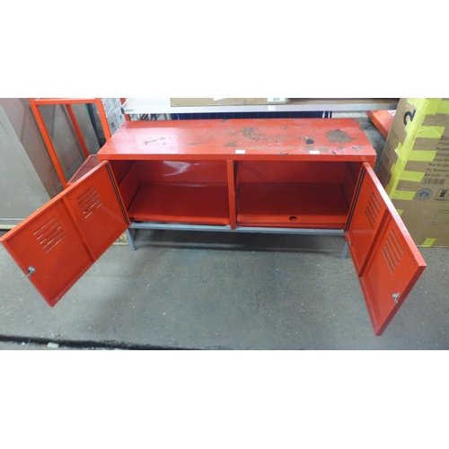 2215 - A red metal two door lockable tool bench (120 x 37 x 63cm)