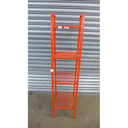 2216 - A red metal 4 tiered workshop shelving unit