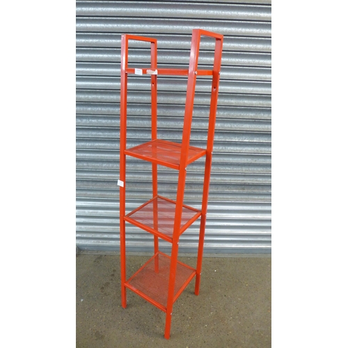 2216 - A red metal 4 tiered workshop shelving unit