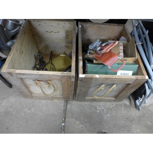 2345 - 2 Wooden military boxes with quantity of assorted items including vintage saws, shooting stick, etc.