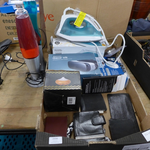 2356 - A box of misc. including 1200w steam iron, a Samsung Gear VR, allergy reliever, electric steam aroma... 