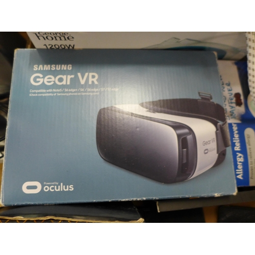 2356 - A box of misc. including 1200w steam iron, a Samsung Gear VR, allergy reliever, electric steam aroma... 