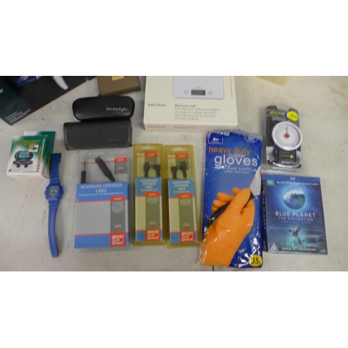 2358 - A box of misc. household items including compact shredder, a 1600w hairdryer, an LCD radio clock, el... 