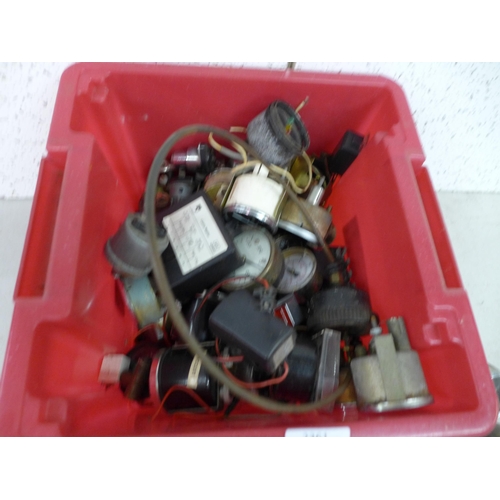 2361 - A box of classic car parts including oil gauges, speedometers and heater temperature gauges (approx.... 