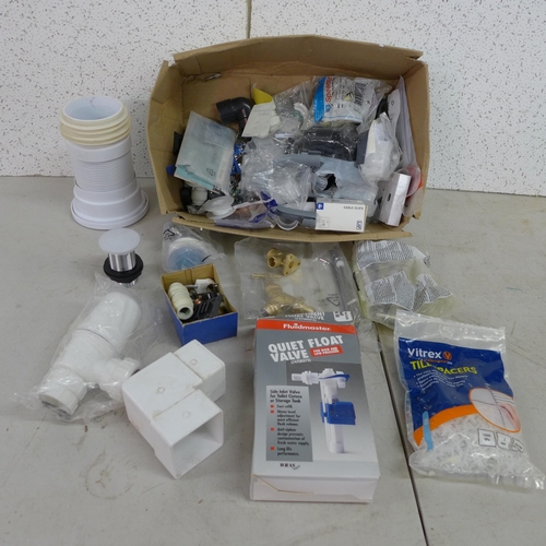 2364 - A box of assorted plumbing items including waste pipes, push fit attachments, outside tap, etc.