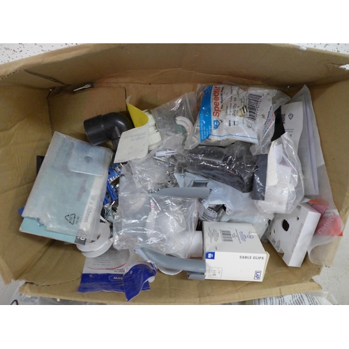 2364 - A box of assorted plumbing items including waste pipes, push fit attachments, outside tap, etc.