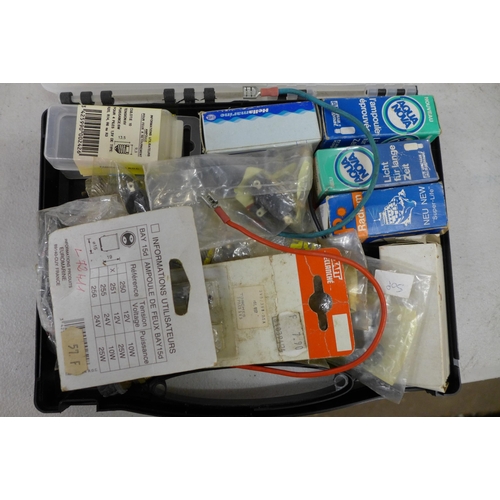 2365 - A box of car electronics including ignition immobilizer bulbs and fuses, chips and a box of car radi... 