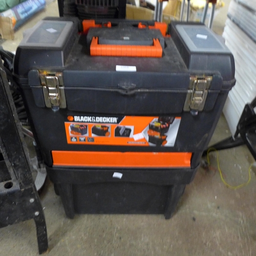 2368 - A Black & Decker trolley tool box with a quantity of tools including electrical screwdriver, wood pl... 