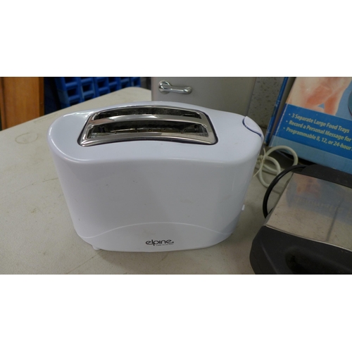 2398 - A box of kitchen items including toaster, blender, scales, a Breville sandwich toaster, a mini fridg... 