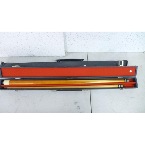 2399 - 2 Riley pool/snooker cues one in soft case, one in a hard case