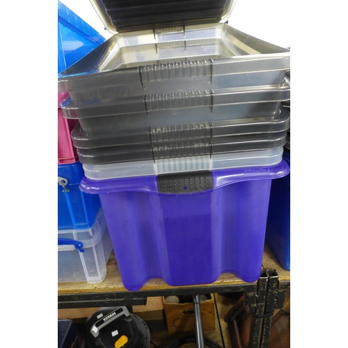 2403 - 13 Plastic storage boxes, mostly with lids (55 x 40cm)