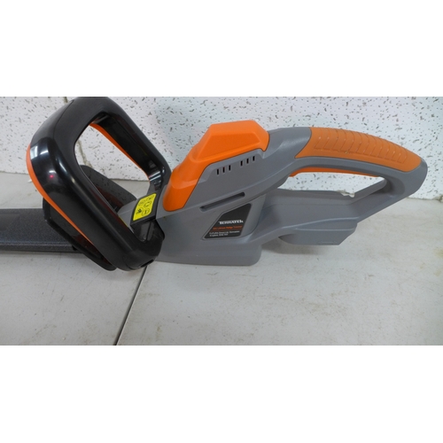 2231 - A Terratek TTHED18-3 20v Lithium battery cordless electric hedge trimmer with a battery and charger