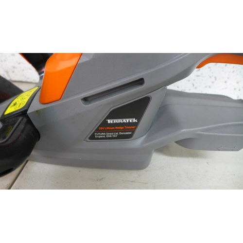 2231 - A Terratek TTHED18-3 20v Lithium battery cordless electric hedge trimmer with a battery and charger