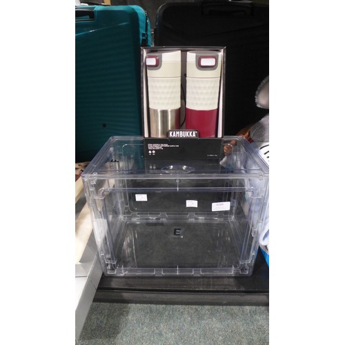 3225 - Kambukka Travel Mugs - Hot/Cold, Stackable Shoe 2 Door Access box (314-447,449) *This lot is subject... 