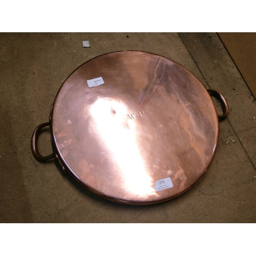 273 - A Victorian copper skillet, stamped W.P.