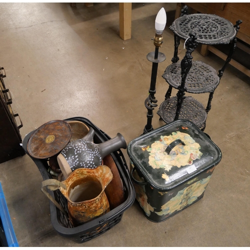 287 - A cast iron plant stand, a bread bin, etc.