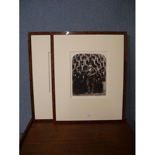 303 - Two black and white photographic prints of Victorian figures, framed