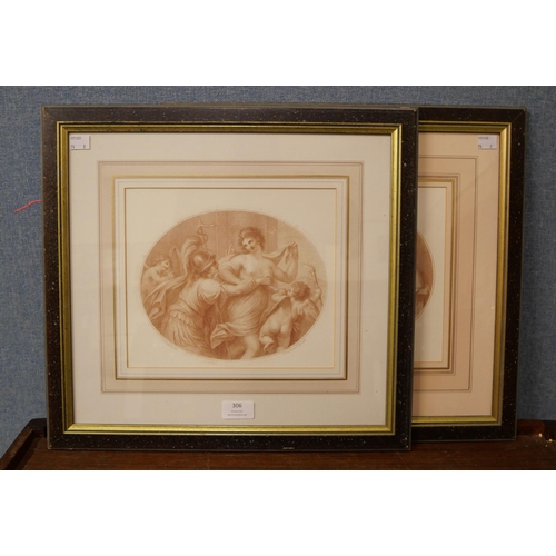 306 - After G.B. Cipriani, pair of oval sepia engravings by Francesco Bartolozzi, framed