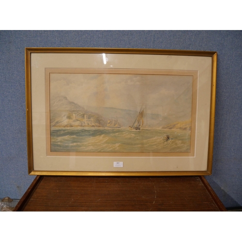 307 - English School, ships off the coast, watercolour, framed