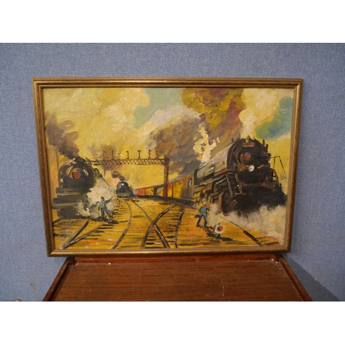 310 - English School (20th Century), railway scene, oil on board, framed