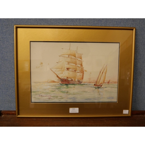 311 - Earl Beauchamp, shipping off the coast, watercolour, framed