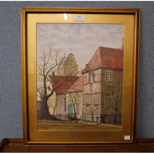 312 - R. Hegemann, village street scene, watercolour, framed