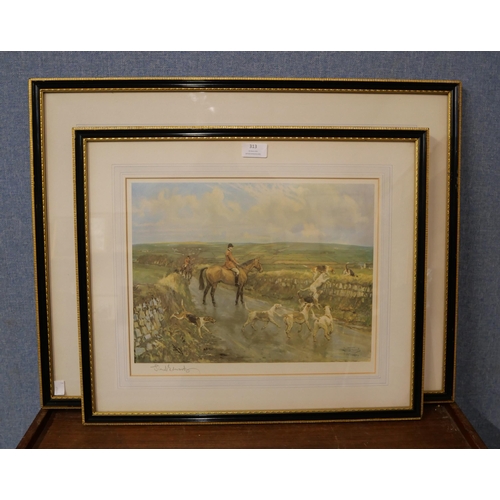 313 - Two signed Lionel Edwards fox hunting scene prints, framed