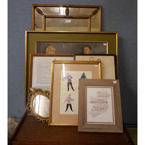 322 - Assorted prints and two French style gilt framed mirrors