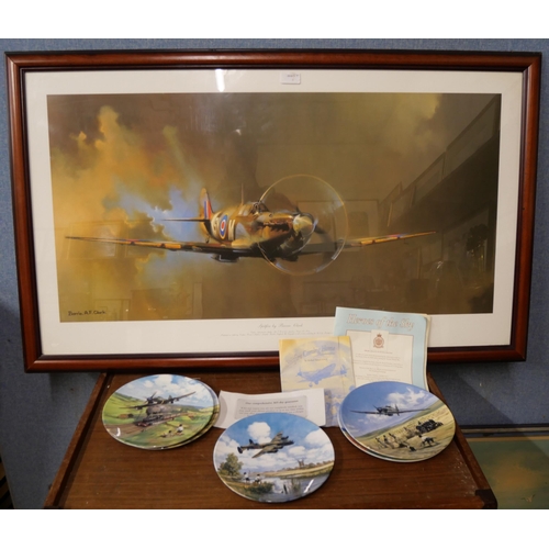 328 - A Barrie Clark, Spitfire print and five Royal Doulton Heroes of The Sky collectors plates