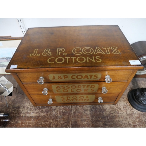 340 - A Victorian walnut counter top haberdashery shop cabinet, bearing J&P Coats Cottons inscription