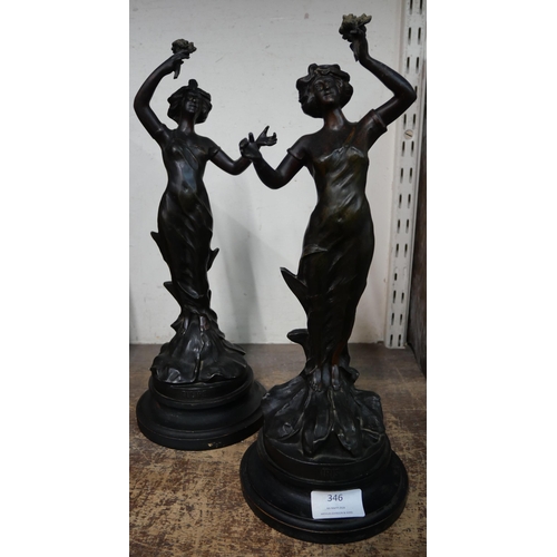 346 - After Alphonse Rucho, pair of spelter Art Nouveau figures; Iris andTulip