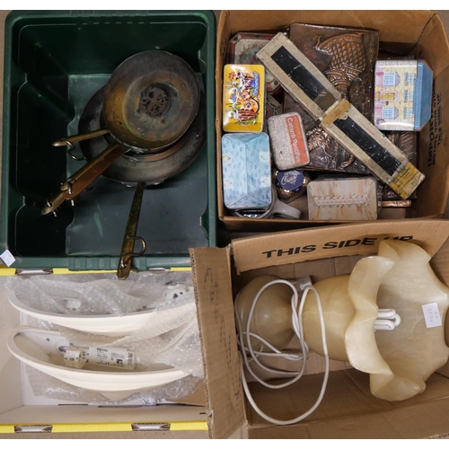 348 - Three boxes of assorted items, including; an onyx table lamp, copper pans, etc.