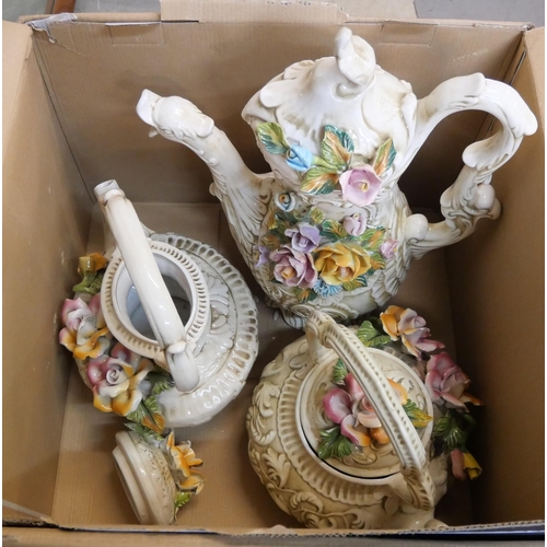 356 - Three continental floral encrusted porcelain tea pots