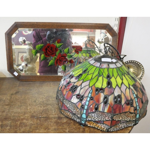 359 - A Tiffany style light shade and an oak gypsy's mirror