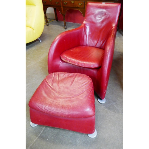 47 - A Montis red leather Loge chair and ottoman, designed by Gerard Van den Berg