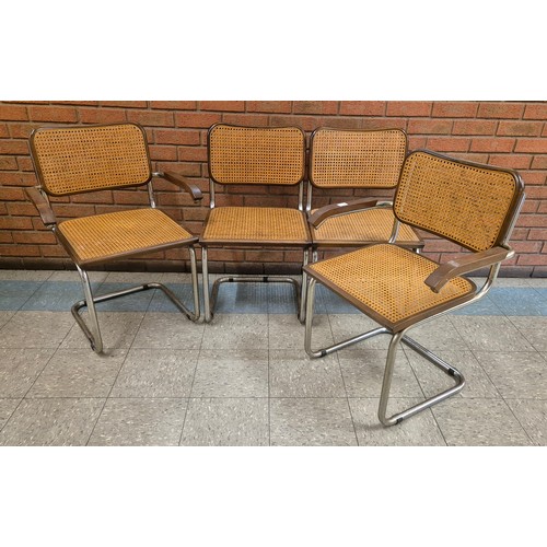 1 - A set of four Italian chrome, beech and rattan cantilever chairs, manner of Marcel Breuer