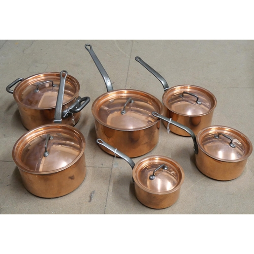 348A - Six copper coated saucepans and covers