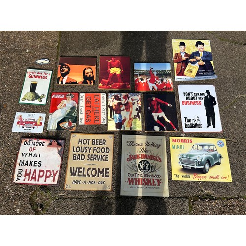 2105 - 15 pieces of wall art including Guiness, morris, Coca Cola, Pulp Fiction, Bobby Moore, George Best, ... 