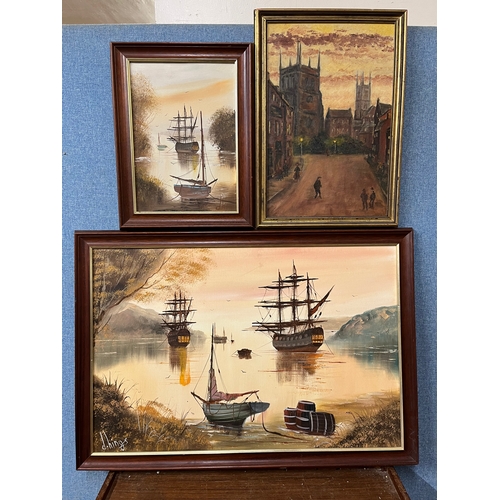 326A - Three paintings, two depicting ships